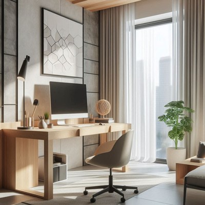 Minimalist home office with a wooden desk and window