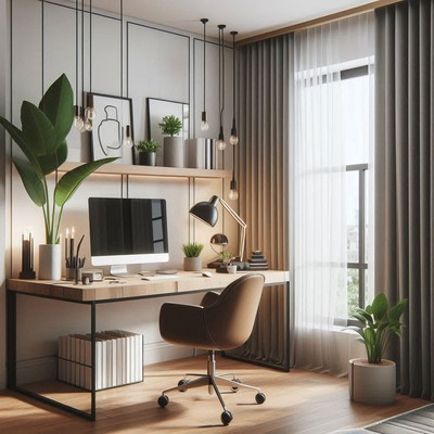 A modern home office with a sleek desk and comfortable chair