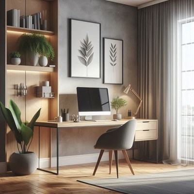 A modern home office with a wood desk and a gray chair