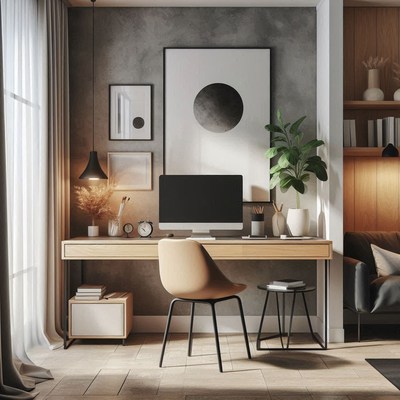 A modern home office with a desk, chair, and computer