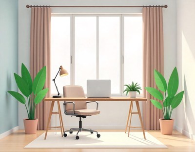 A home office with a desk, chair, and plants