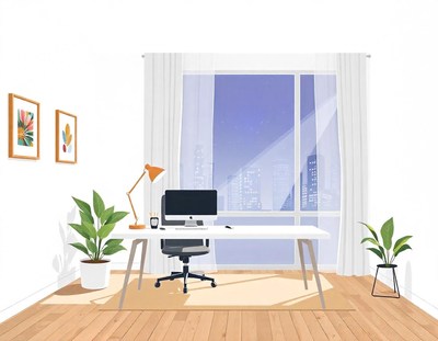Modern office with desk, plants, and city skyline view