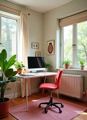 A pink office chair sits at a white desk in a home office