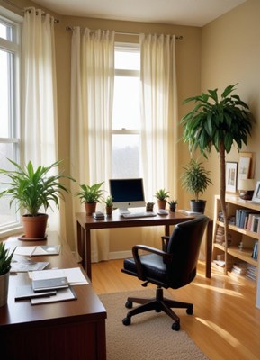 A home office with a desk, chair, and plants