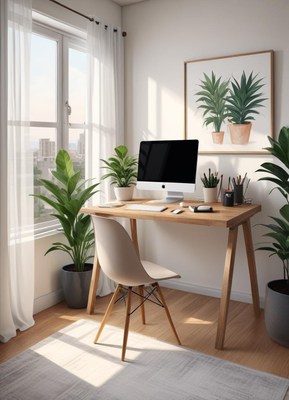 A home office with a desk, chair, plants, and a computer