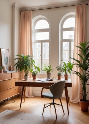 A home office with a desk, chair, and plants by the window