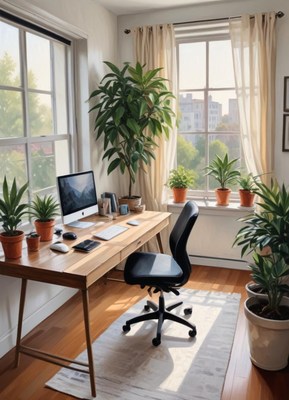 A bright home office with a desk, computer, and plants
