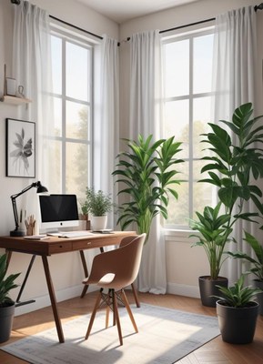 A home office with a desk, chair, and plants near a window