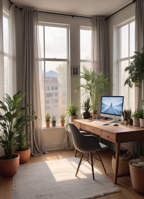 Modern office with desk, chair, plants, and large windows