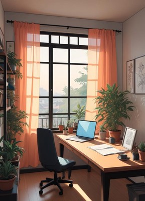 A home office with a large window and a desk