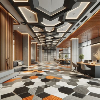 A modern office lobby with a geometric ceiling design