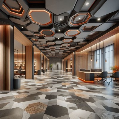 A modern office hallway with a geometric ceiling