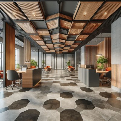 A modern office lobby with a unique wood slat ceiling