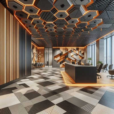 Modern lobby with hexagonal ceiling and geometric walls