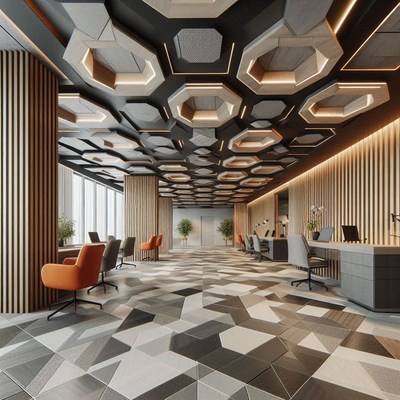 Modern lobby with geometric ceiling and floor patterns