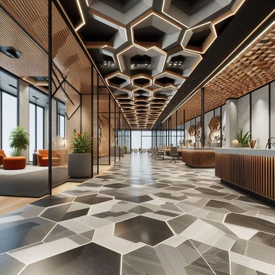 A modern office hallway with a unique geometric ceiling