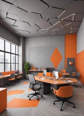 Modern office with orange accents and unique ceiling