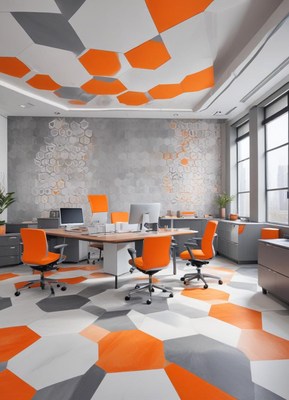 Modern office with orange and gray geometric decor