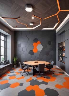 Modern office with geometric ceiling and walls