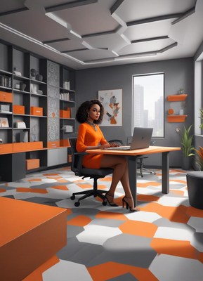 A woman works at her desk in a modern office