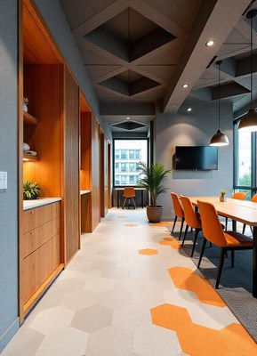 A modern office hallway with geometric tile flooring