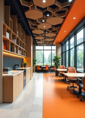 A modern office space with a unique honeycomb ceiling