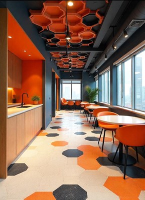 Modern office with honeycomb ceiling and geometric floor