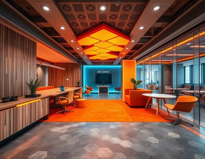 Orange carpet and honeycomb tile floor in an office