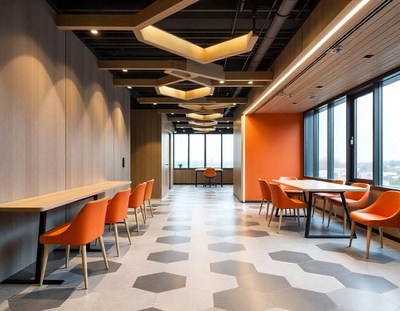 An office break room with orange chairs and a long table