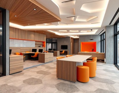 A modern office space with a white table and orange chairs
