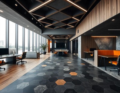 A modern office space with hexagonal tile flooring