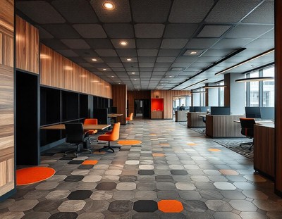 Modern office with wood paneling and hex tile floor