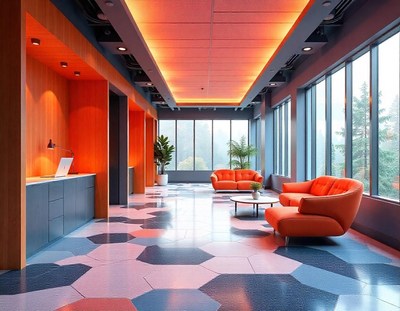 Office lounge with orange furniture and tile floor