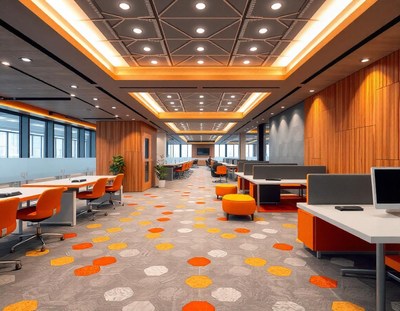 A modern office space with bright orange accents
