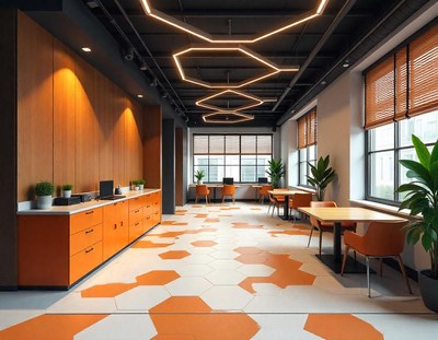 A modern office space with a large, open floor plan