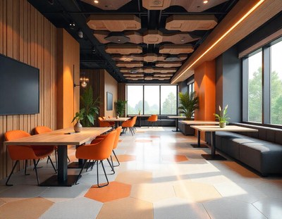 Modern break room with wood paneling, orange chairs