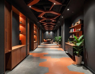 A hallway with a geometric ceiling and tiled floor