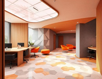 A modern office with orange accents and tile floor