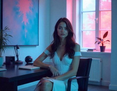 A woman sits at a desk in a room with blue and pink lighting