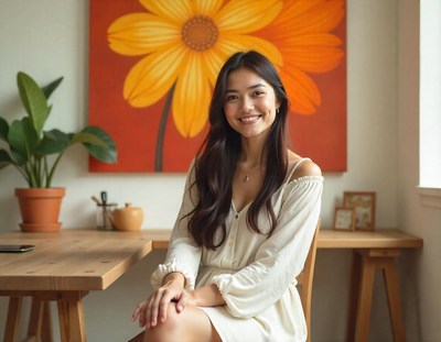 A woman smiles while sitting in a chair