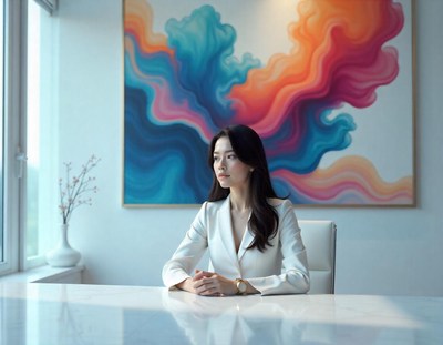 Woman gazes at an abstract painting from a table