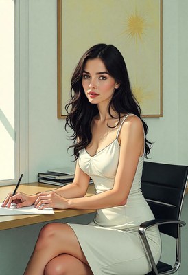 A woman sits at a desk writing in a white dress