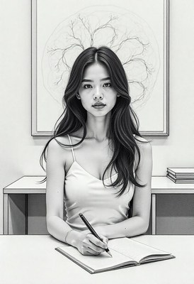 A woman writes in a notebook at a desk