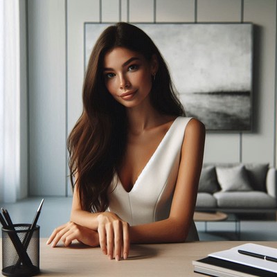 A woman in a white dress sits at a desk in a modern office