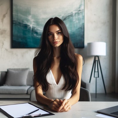 A woman sits at a desk in a modern home