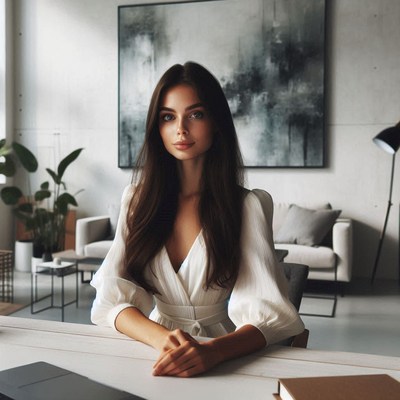 Woman in a white dress sits at a desk, staring