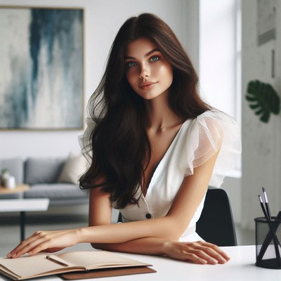 A woman with dark hair writes at her desk