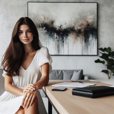 A woman sits at a desk in a white dress