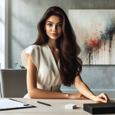 A woman sits at a desk with a pen and paper