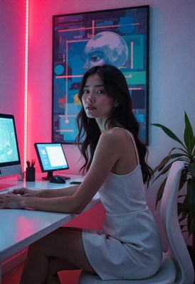 A woman works at her desk in a modern home office